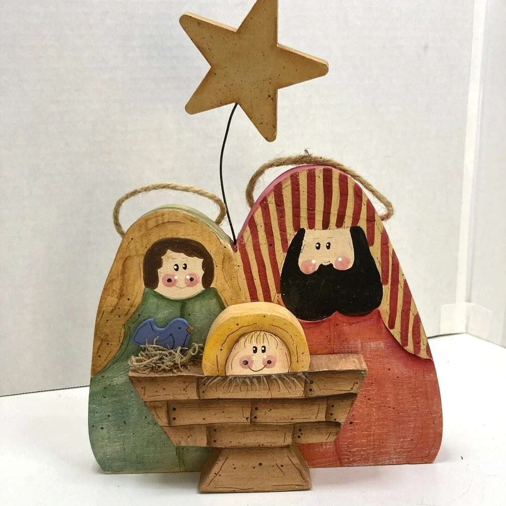 Vtg Country Handmade Mary Joseph Baby Jesus Major Nativity Wooden Handpainted - Picture 3 of 9